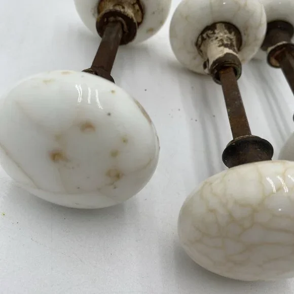 Antique Door Knob Handle Lot Porcelain White Art Deco Victorian VIntage Set 3
